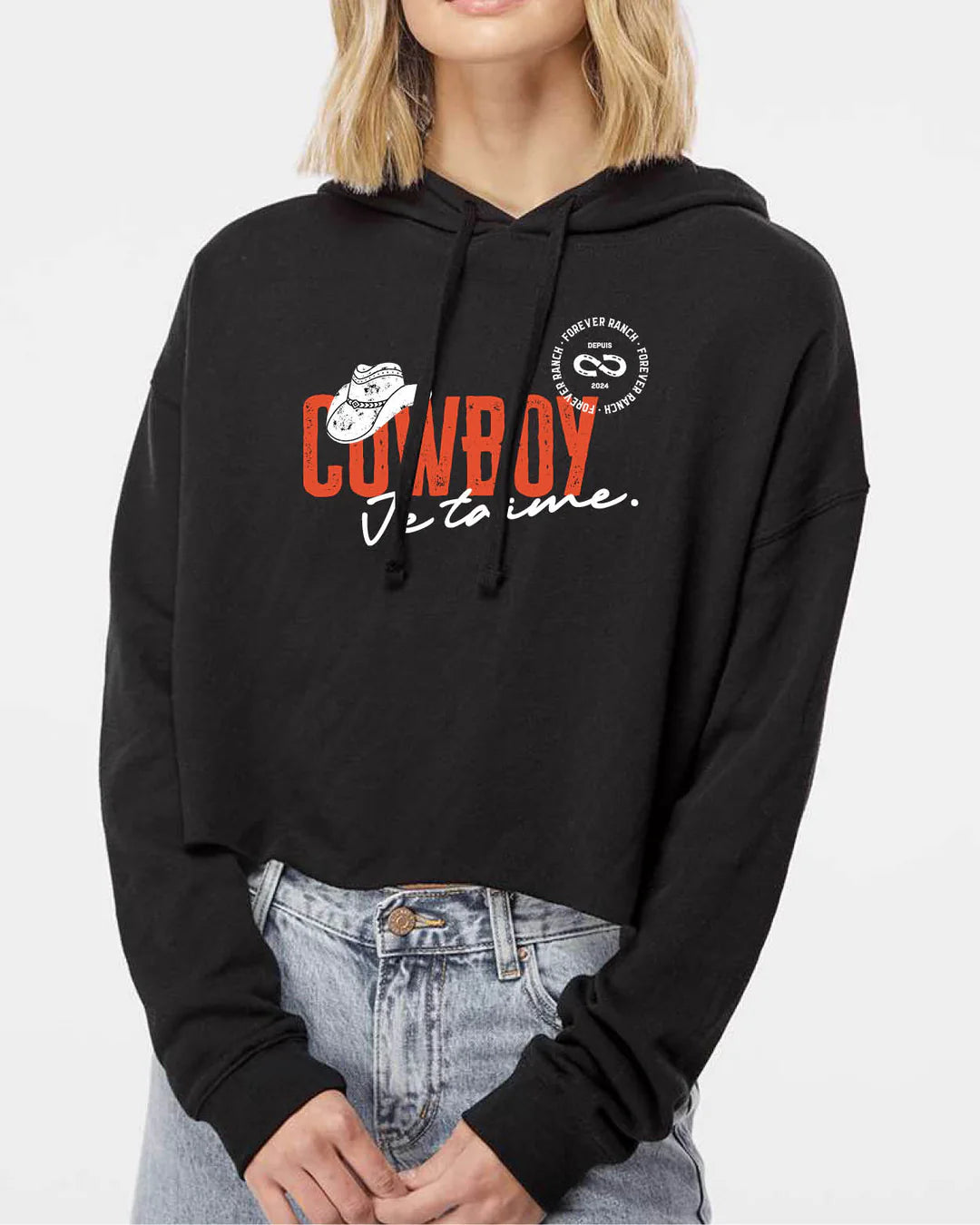 Le Hoodie Crop Top «Cowboy Je t'aime» pour Femme - Noir