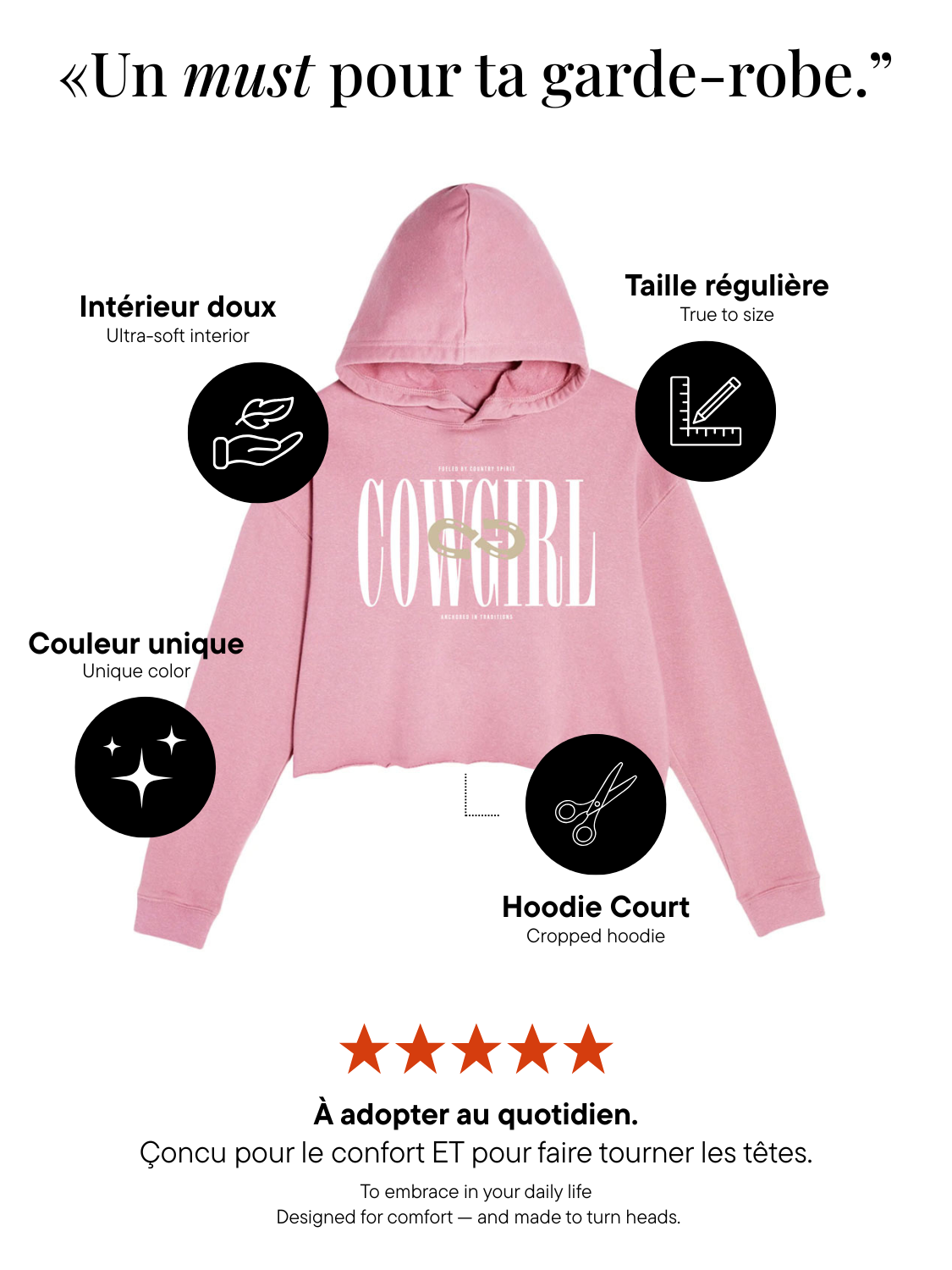 Le Hoodie Crop Top «Cowgirl» pour Femme - Rose Foncé